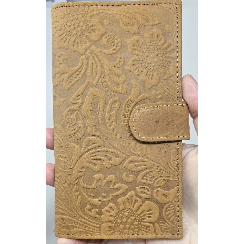 Tooled Embossed Soft Leather Wallet Credit Card BiFold Checkbook Tan RFID Floral - Picture 2 of 12